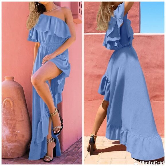 ZESICA ONE SHOULDER SLEEVELESS RUFFLE ASYMMETRICAL HIGH LOW Gown Wedding DRESS - Picture 2 of 14